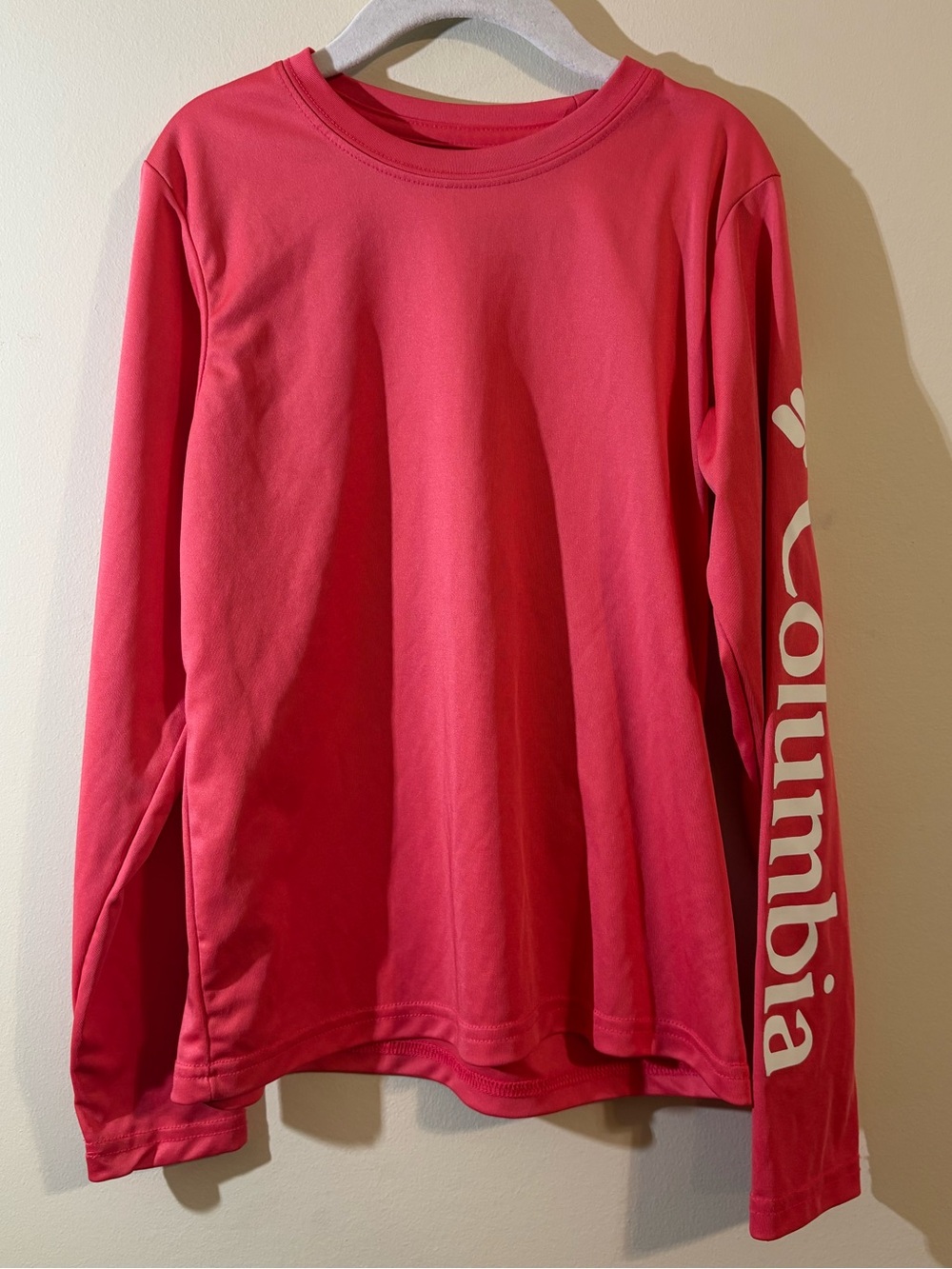 Columbia PFG performance shirt girls small long-sleeve coral‎ UPF 50 Sleeve Logo